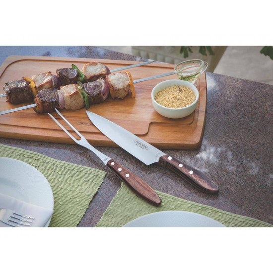 FACA PARA CARNE 8 POLYWOOD CASTANHO LAMINA DE ACO INOX CABO DE MADEIRA E BAINHA DE COURO TRAMONTINA