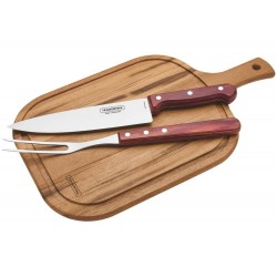 JOGO CHURRASCO 3 PCS POLYWOOD VERMELHO SORTIDOS COM LAMINAS DE ACO INOX E CABO DE MADEIRA TRAMONTINA