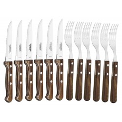 JOGO CHURRASCO 12 PCS POLYWOOD CASTANHO SORTIDOS COM LAMINAS ACO INOX E CABOS DE MADEIRA TRAMONTINA
