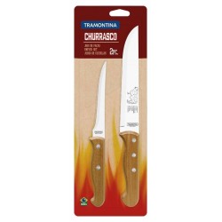 JOGO DE FACAS PARA CHURRASCO COM LAMINAS EM AÇO INOX E CABOS EM MADEIRA NATURAL 2 PEÇAS TRAMONTINA