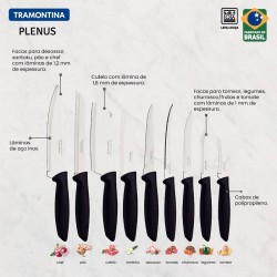 JOGO DE FACAS EM AÇO INOX E CABOS PRETO 9 PEÇAS TRAMONTINA