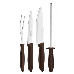 KIT PARA CHURRASCO PLENUS COM LAMINAS EM AÇO INOX E CABOS E POLIPROPILENO MARROM 4 PEÇAS TRAMONTINA