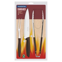 KIT PARA CHURRASCO PLENUS COM LAMINAS EM AÇO INOX E CABOS DE POLIPROPILENO MARROM 3 PEÇAS TRAMONTINA