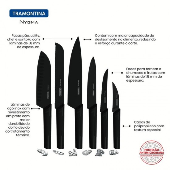 JOGO DE FACAS NYGMA LAMINAS EM AÇO INOX CABOS DE POLIPROPILENO TEXTURIZADOS PRETO 6 PEÇAS TRAMONTINA