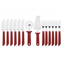 KIT PARA PIZZA 14 PEÇAS PIZZA VERMELHO- LAMINAS DE ACO INOX E CABOS DE POLIPROPILENO TRAMONTINA