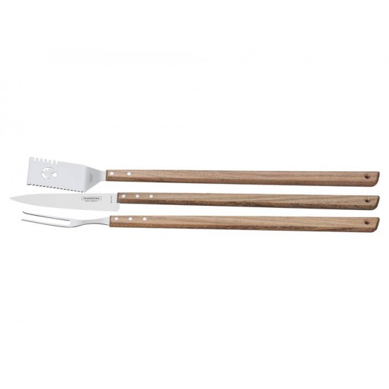 KIT PARA CHURRASCO 3 PEÇAS SORTIDOS COM LAMINAS DE ACO INOX E CABOS DE MADEIRA TRAMONTINA