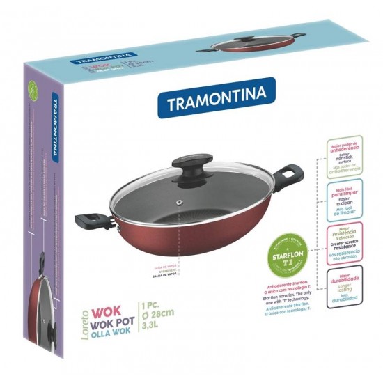 WOK LORETO EM ALUMINIO ANTIADERENTE STARFLON T1 TAMPA DE VIDRO VERMELHA 28 CM 3.3 L TRAMONTINA