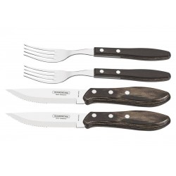 JOGO DE TALHERES CHURRASCO AÇO INOX CABO CASTANHO POLYWOOD COM ESTOJO DE MADEIRA 4 PEÇAS TRAMONTINA