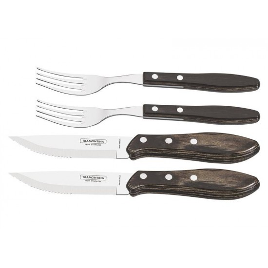 JOGO DE TALHERES CHURRASCO AÇO INOX CABO CASTANHO POLYWOOD COM ESTOJO DE MADEIRA 4 PEÇAS TRAMONTINA