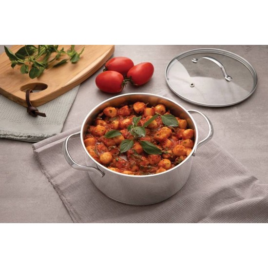 CACAROLA RASA UNA EM ACO INOX COM FUNDO TRIPLO E TAMPA DE VIDRO 16 CM 1.4 L TRAMONTINA