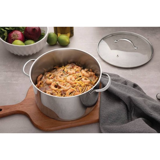 CACAROLA RASA UNA EM ACO INOX COM FUNDO TRIPLO E TAMPA DE VIDRO 20 CM 2,9 L TRAMONTINA