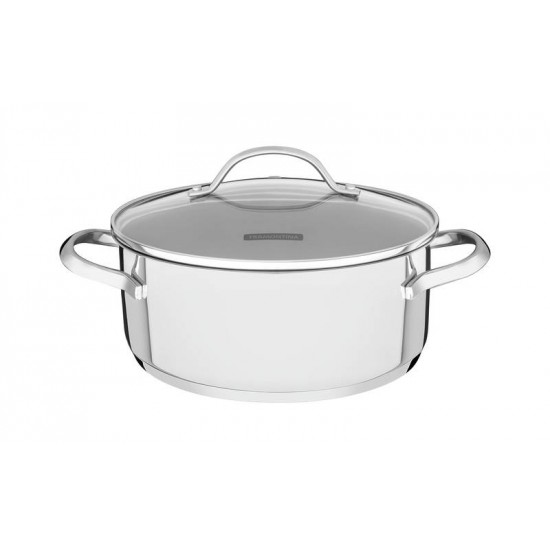 CACAROLA RASA UNA EM ACO INOX COM FUNDO TRIPLO E TAMPA DE VIDRO 24 CM 4,8 L TRAMONTINA