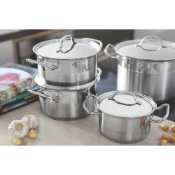 CALDEIRAO PROFESSIONAL EM ACO INOX FUNDO TRIPLO TAMPA PLANA DETALHE SATINADO 20 CM 4.6 L TRAMONTINA
