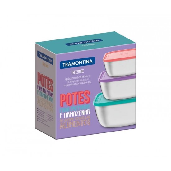JOGO DE POTES FREEZINOX QUADRADOS EM ACO INOX COM TAMPAS PLASTICA MULTICORES 3 PECAS TRAMONTINA