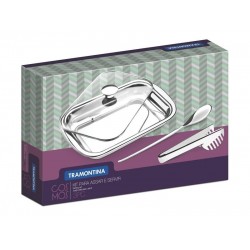 KIT PARA ASSAR E SERVIR COSMOS EM ACO INOX COM TAMPA DE VIDRO 3 PECAS TRAMONTINA
