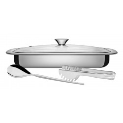 KIT PARA ASSAR E SERVIR COSMOS EM ACO INOX COM TAMPA DE VIDRO 3 PECAS TRAMONTINA