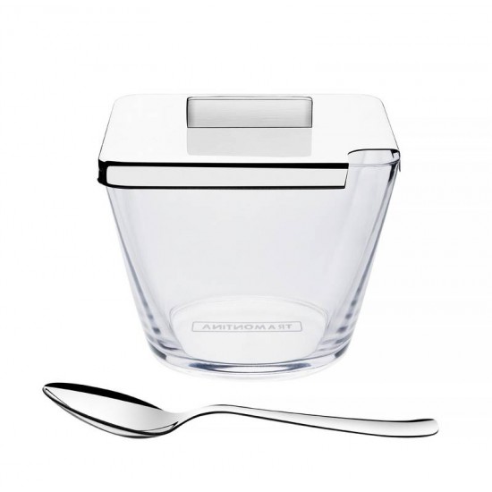 ACUCAREIRO QUADRATA TRANSPARENTE COM TAMPA E COLHER EM ACO INOX TRAMONTINA
