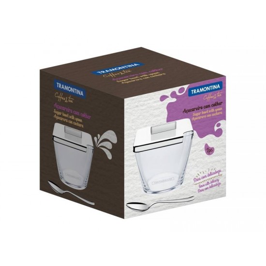 ACUCAREIRO QUADRATA TRANSPARENTE COM TAMPA E COLHER EM ACO INOX TRAMONTINA