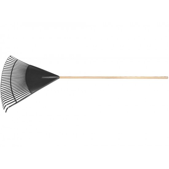 VASSOURA PLASTICA PRETA 30 DENTES COM CABO DE MADEIRA DE 120 CM DESMONTADO PARA JARDIM TRAMONTINA