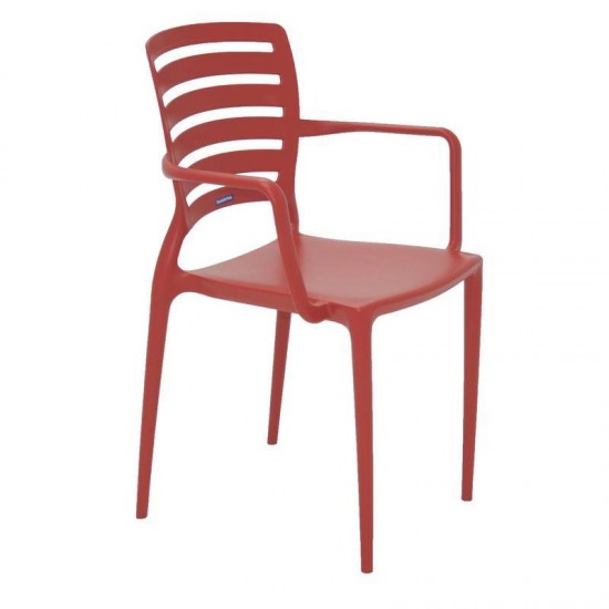 CADEIRA PLASTICA MONOBLOCO COM BRACOS SOFIA VERMELHA ENCOSTO VAZADO HORIZONTAL