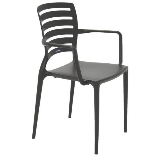 CADEIRA PLASTICA MONOBLOCO COM BRACOS SOFIA MARROM ENCOSTO VAZADO HORIZONTAL