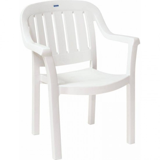 CADEIRA PLASTICA MONOBLOCO COM BRACOS MIAMI BRANCA COM O ENCOSTO VAZADO VERTICAL