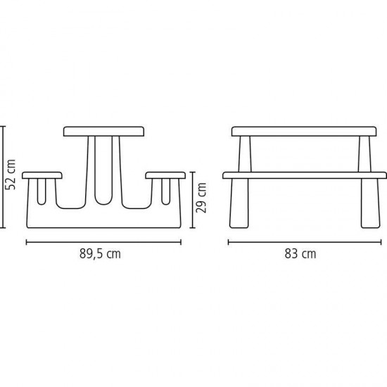 CONJ COM UM TAMPO VERMELHO. ASSENTOS AZUIS E UMA BASE AMARELA DE PLASTICOS MONTAVEL PICNIC