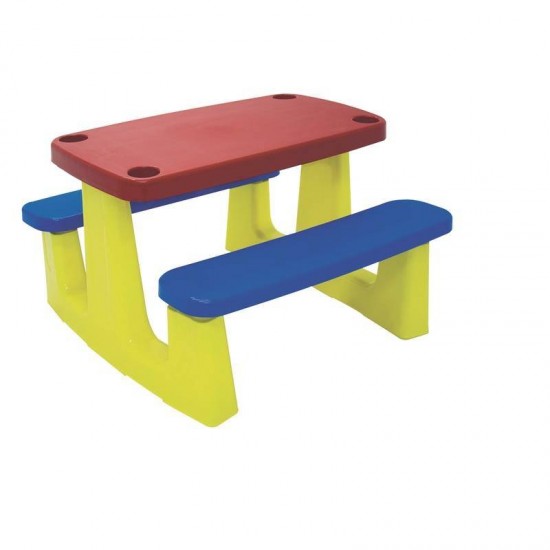 CONJ COM UM TAMPO VERMELHO. ASSENTOS AZUIS E UMA BASE AMARELA DE PLASTICOS MONTAVEL PICNIC