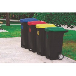 LIXEIRA EM PLASTICO T-FORCE PRETO E VERMELHO 100 LITROS COM RODAS