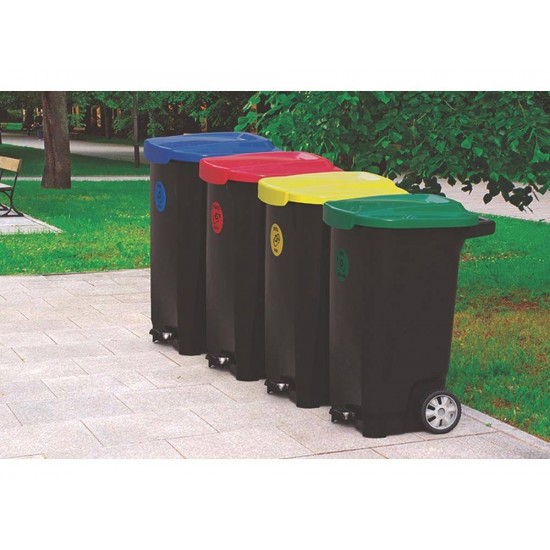 LIXEIRA EM PLASTICO T-FORCE PRETO E AZUL 100 LITROS COM RODAS