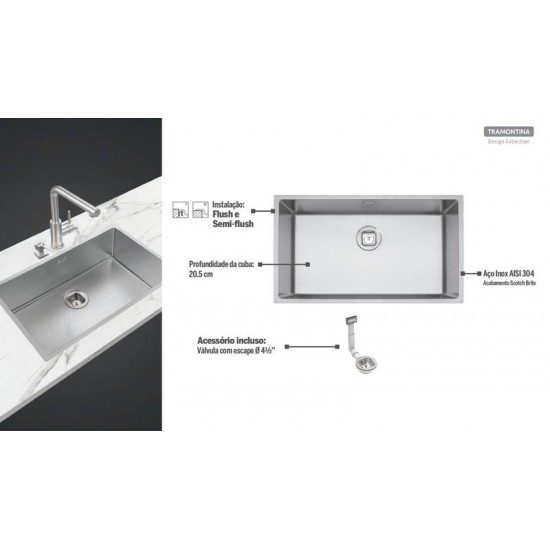 CUBA DESIGN COLLECTION QUADRUM EM AÇO INOX COM ACABAMENTO SCOTCH BRITE 70X40 CM TRAMONTINA
