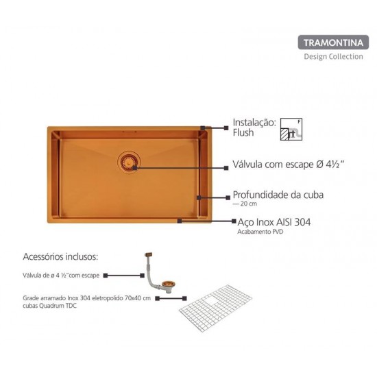 CUBA DESIGN COLLECTION QUADRUM EM AÇO INOX COM REVESTIMENTO PVD GOLD 70X40 CM TRAMONTINA