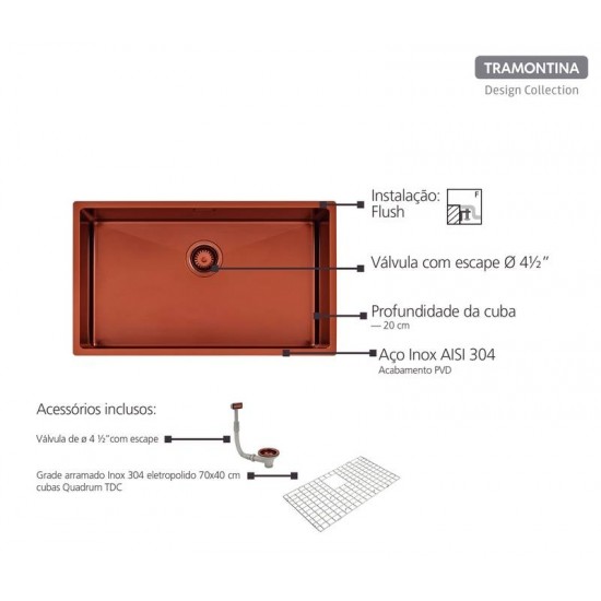 CUBA DESIGN COLLECTION QUADRUM EM AÇO INOX COM REVESTIMENTO PVD ROSE GOLD 70X40 CM TRAMONTINA