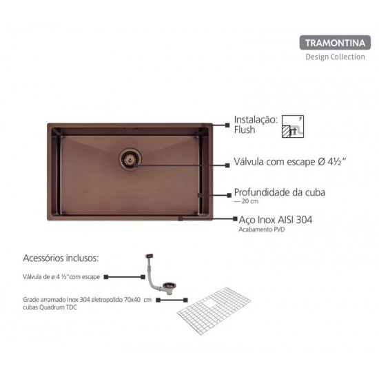 CUBA DESIGN COLLECTION QUADRUM EM AÇO INOX COM REVESTIMENTO PVD BLACK 70X40 CM TRAMONTINA