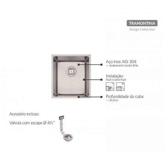 CUBA DESIGN COLLECTION QUADRUM EM AÇO INOX COM ACABAMENTO SCOTCH BRITE 34X40 CM TRAMONTINA