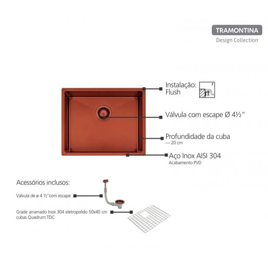 CUBA DESIGN COLLECTION QUADRUM EM AÇO INOX COM REVESTIMENTO PVD ROSE GOLD 50X40 CM TRAMONTINA