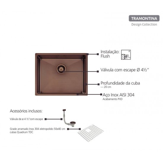 CUBA DESIGN COLLECTION QUADRUM EM AÇO INOX COM REVESTIMENTO PVD BLACK 50X40 CM TRAMONTINA