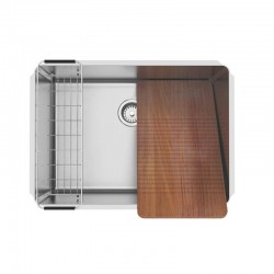 TANQUE EM ACO INOX 70X50CM JUMBO 106L  COM VALVULA. CESTO ARAMADO EM INOX E TABUA EM MADEIRA