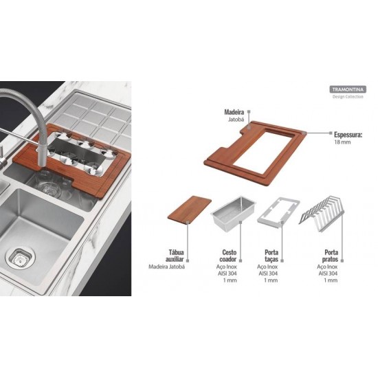 KIT PARA PIA DESIGN COLLECTION ACESSORIOS EM AÇO INOX COM ACABAMENTO SCOTCH BRITE E TABUA EM MADEIRA