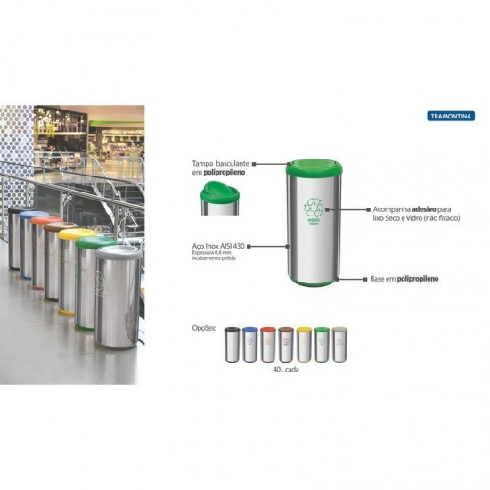 LIXEIRA INOX TRAMONTINA COM ACABAMENTO POLIDO ETAMPA BASCULANTE VERDE EM POLIPROPILENO 40 L