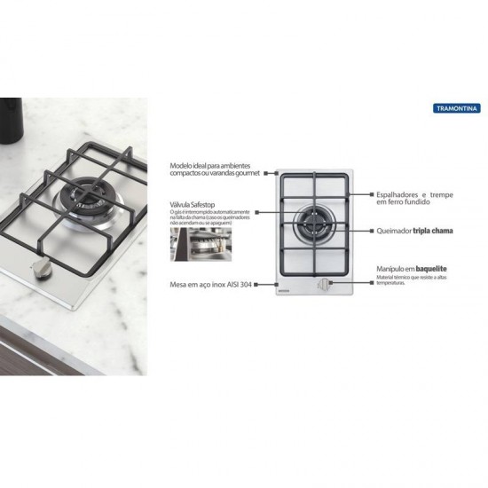 COOKTOP A GAS TRAMONTINA DOMINO 1GX TRI HE SAFESTOP 30 EM ACO INOX