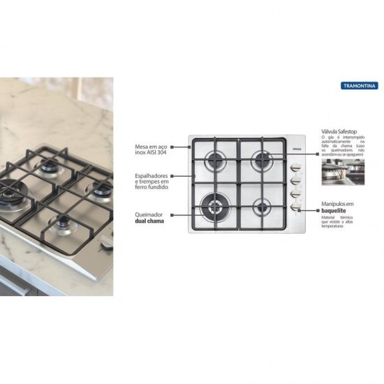 COOKTOP A GAS TRAMONTINA SQUARE 4 GX HE SAFESTOP 60 EM ACO INOX