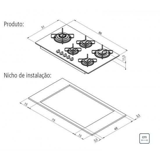 COOKTOP A GAS TRAMONTINA PENTA SIDE PLUS 5GG TRI 90 EM VIDRO TEMPERADO BRANCO