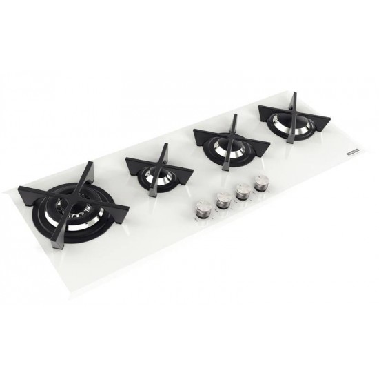 COOKTOP A GAS EM VIDRO TEMPERADO BRANCO E TREMPES EM FERRO FUNDIDO COM ACEND. AUT. 4 QUEIMADORES TRA