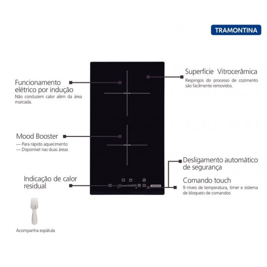 COOKTOP POR INDUÇÃO DOMINÓ SLIDER 2EI 30 COM 2 AREAS COMANDO TOUCH TRAMONTINA